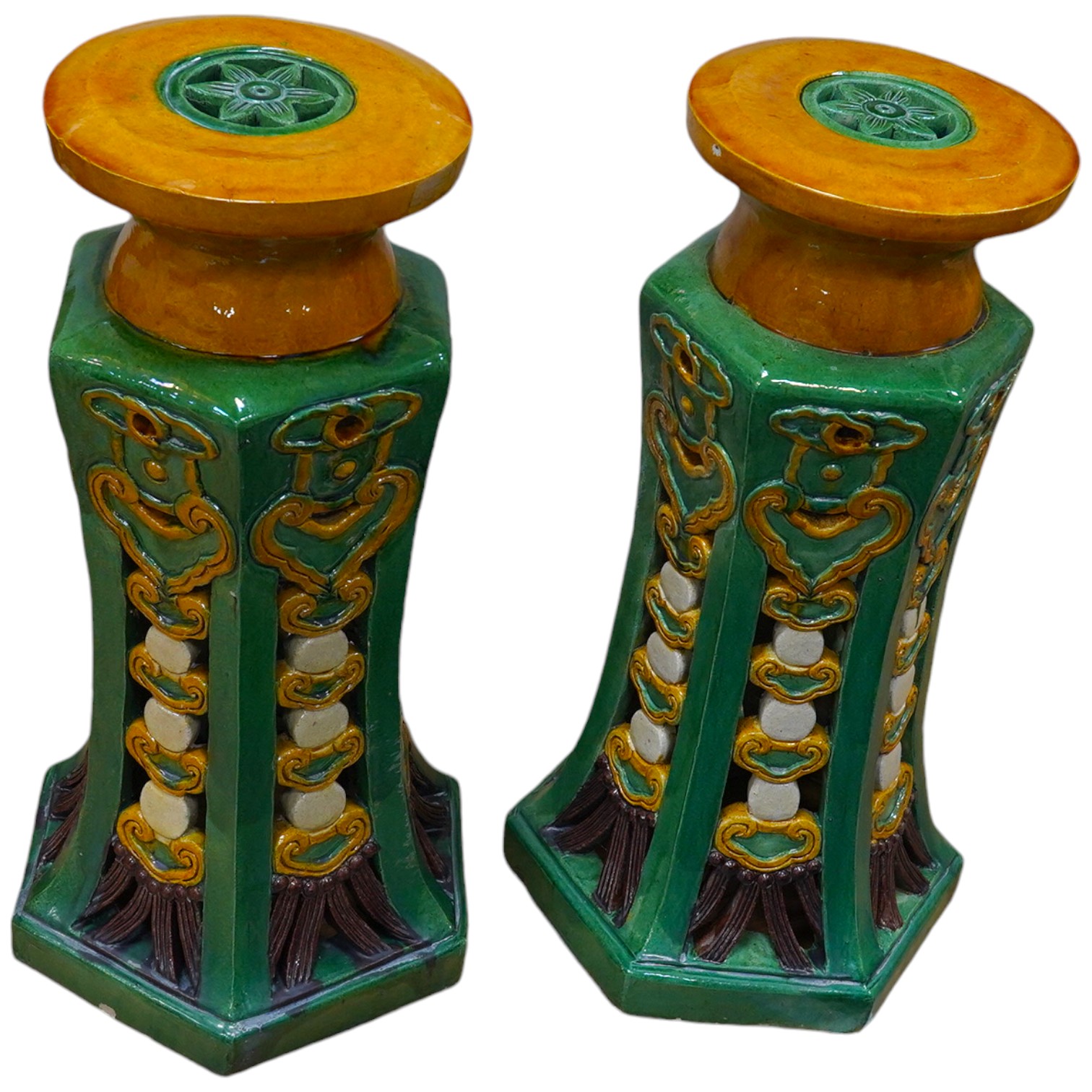 A large pair of Chinese pottery jardiniere stands, sancai, 71cm high. Condition - fair, some chipping